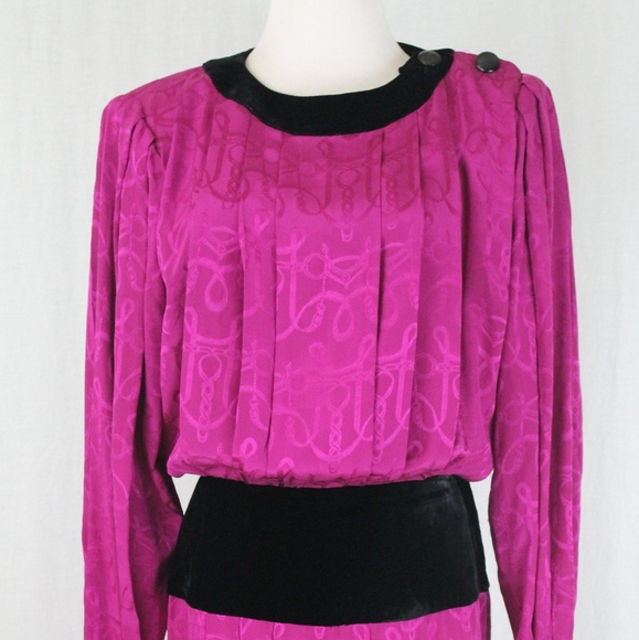 St. Gillian Pleated Fuchsia Pink Silk and Velvet 30s Inspired Vintage 80s  S M - Picture 8 of 14